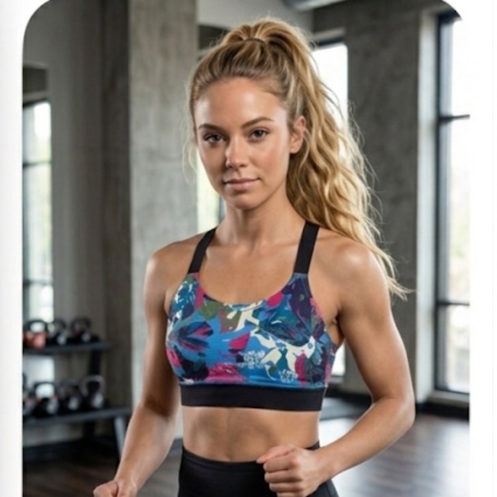 Josie Josie Natori Solstice Sports Bra Abstract Floral Print Blue Pink L91340 S